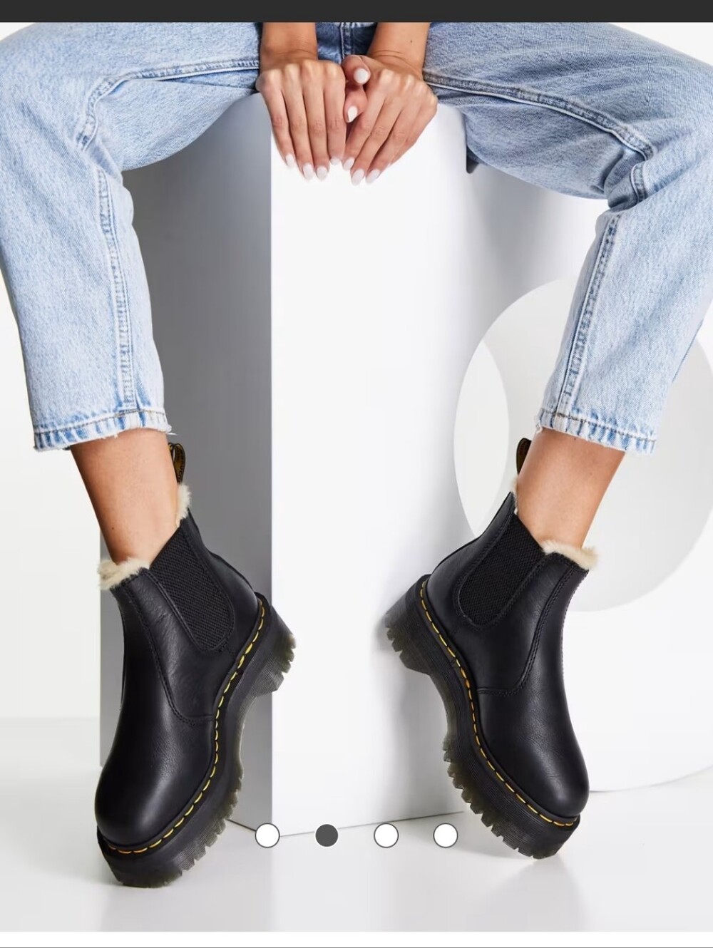 Dr. Martens Black Leather Platform Chelsea Boots with Cream Shearling Collar